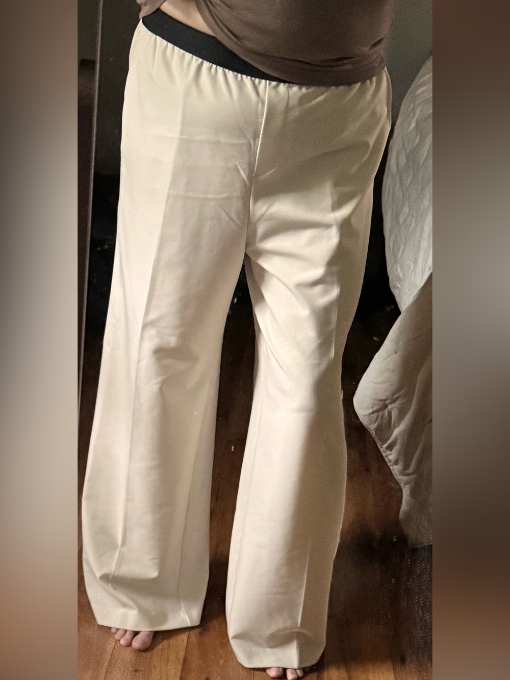 Wide Leg Cream Women’s Pants with Black Waistband